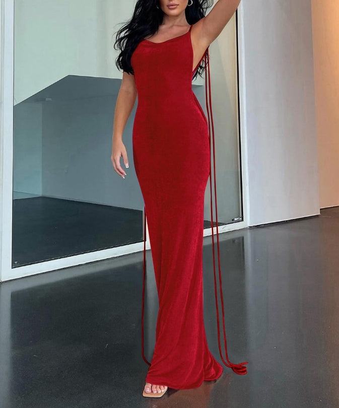 Burgundy Spaghetti Strap Backless Long Formal Prom Dress